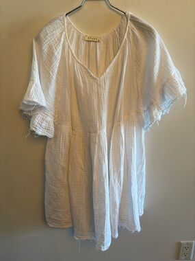 Stark X White Cotton linen V-Neck Flutter Sleeve Tunic Dress